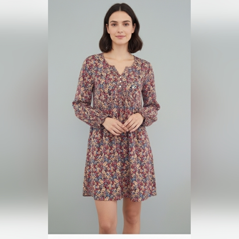 Anna-kaci Long Sleeve Red, Yellow & Blue Fliral Dress with Bishop Sleeves Size S